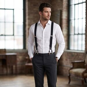 Navy Blue Men's Elastic Suspenders - Classic Adjustable Silvertone Braces EUC